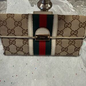 Gucci Beige and Brown Monogram Wallet with Red and Green Stripe